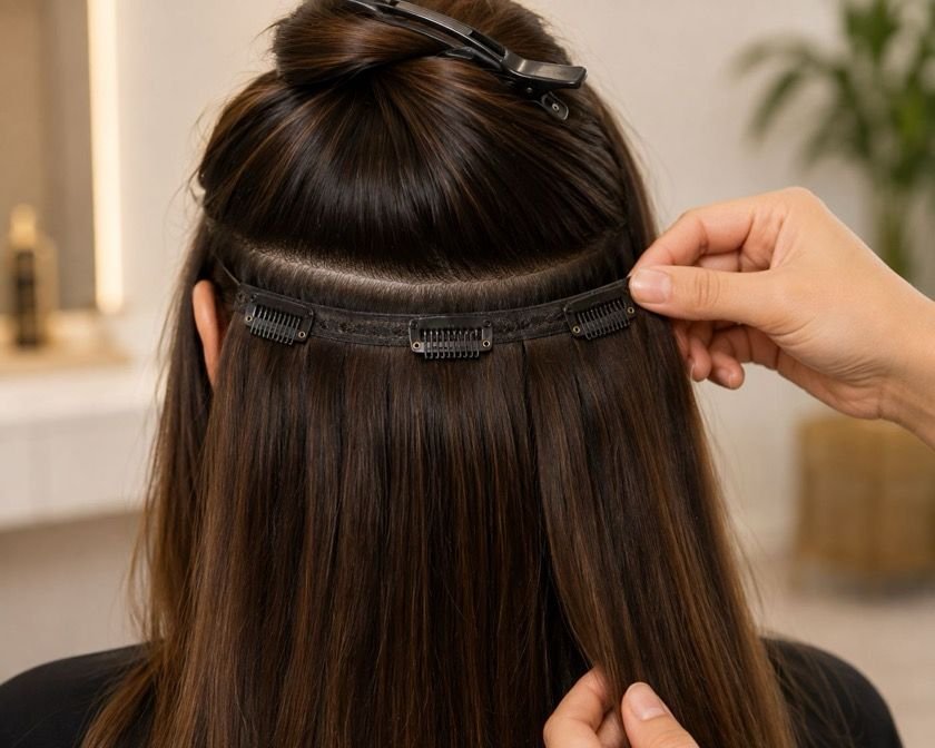 Clip-in hair extensions being applied