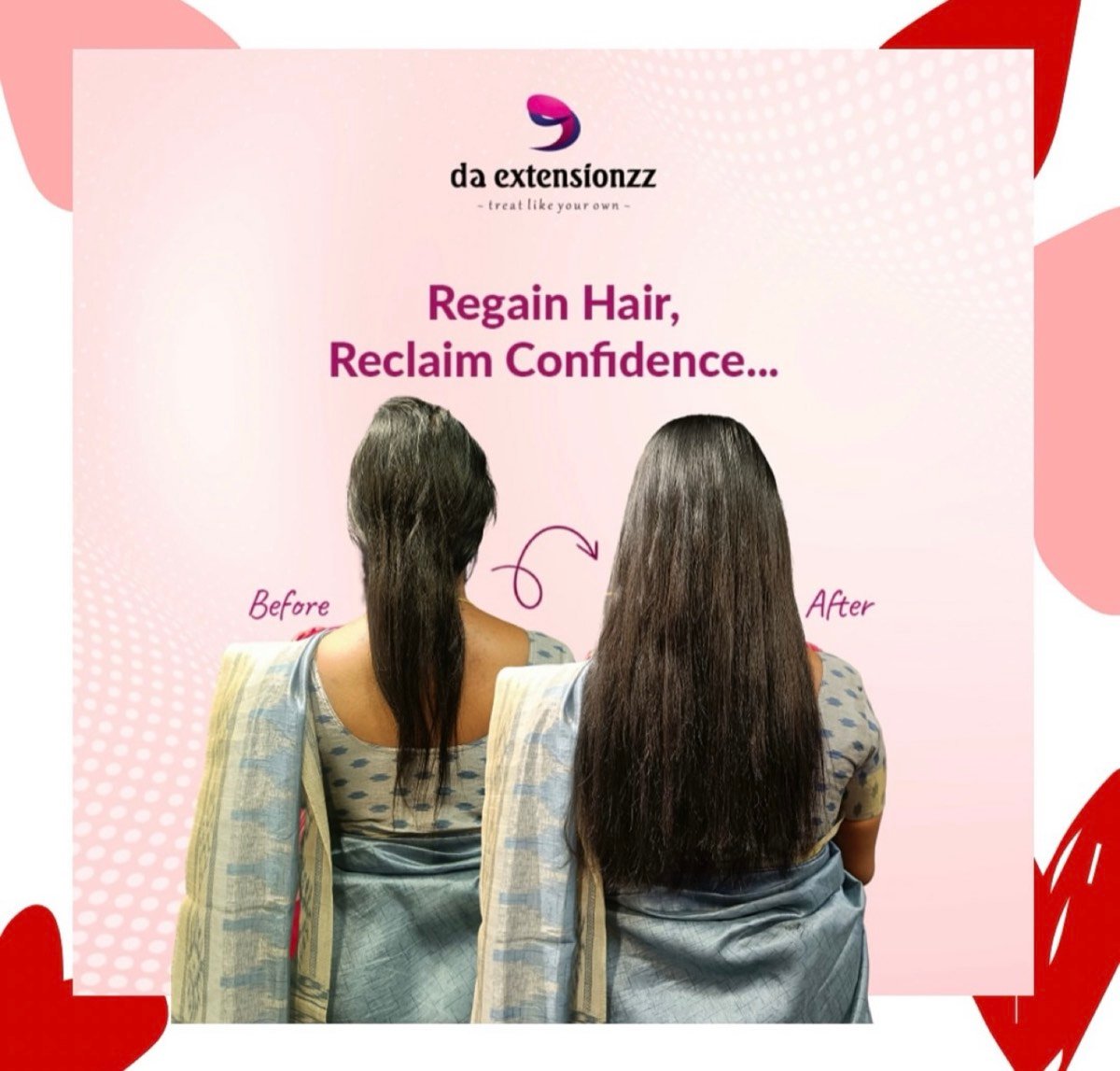 Fine hair before and after lightweight extensions at DA Extensionzz, Chennai