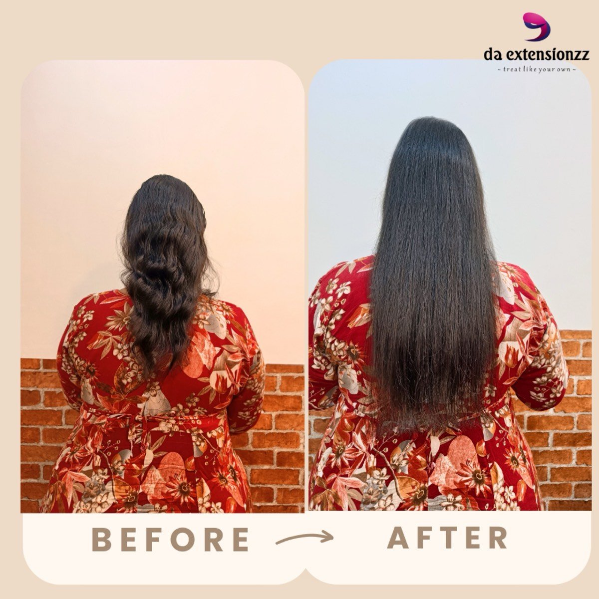 Before and after keratin fusion hair extensions at DA Extensionzz, Chennai — no visible attachment
