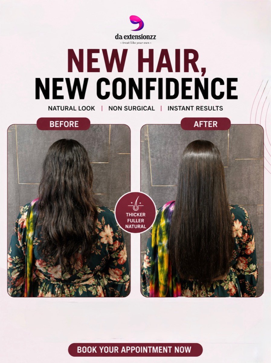 Before and after clip-in hair extensions at DA Extensionzz, Chennai