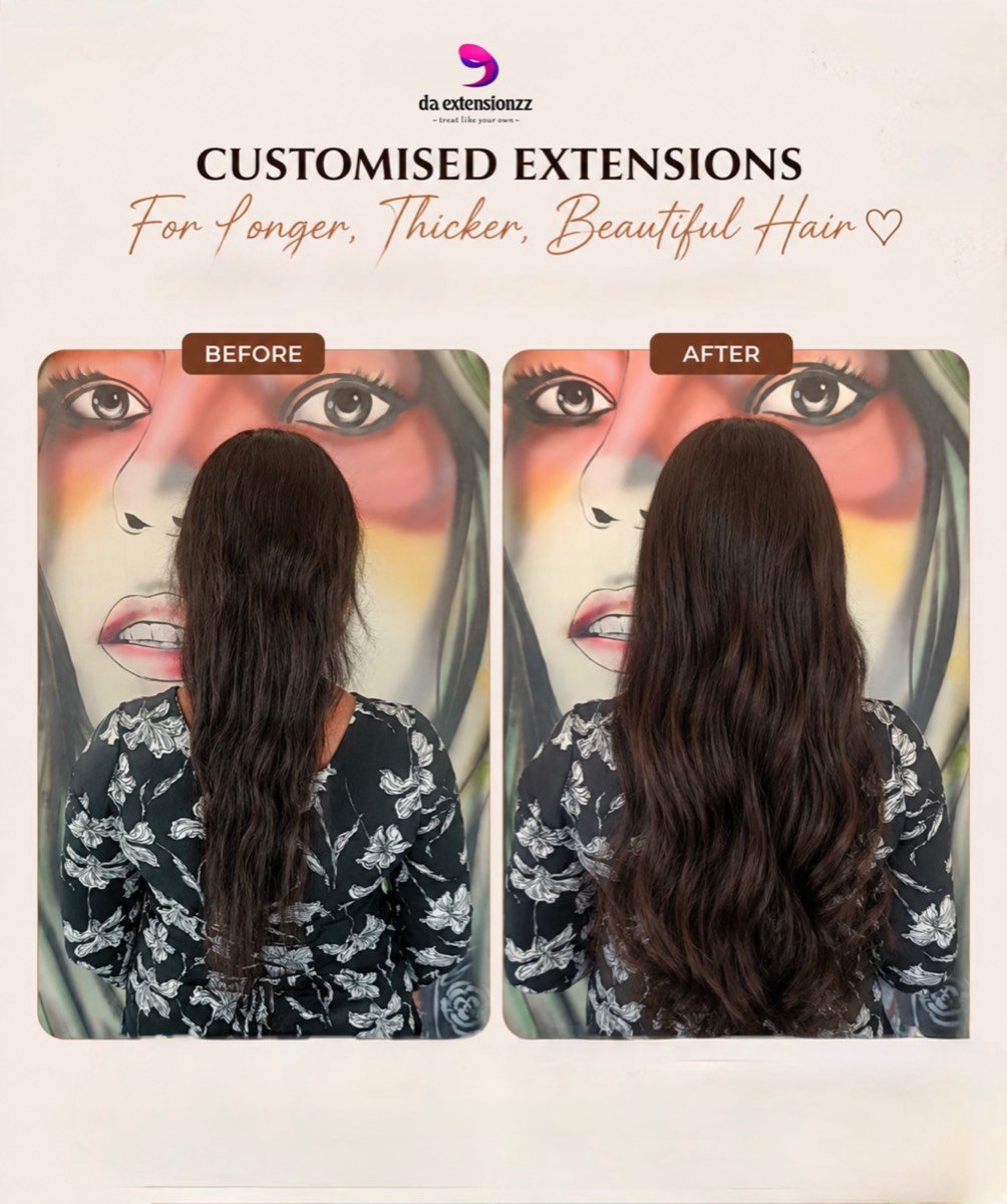 Before and after weft hair extensions for volume at DA Extensionzz, Chennai
