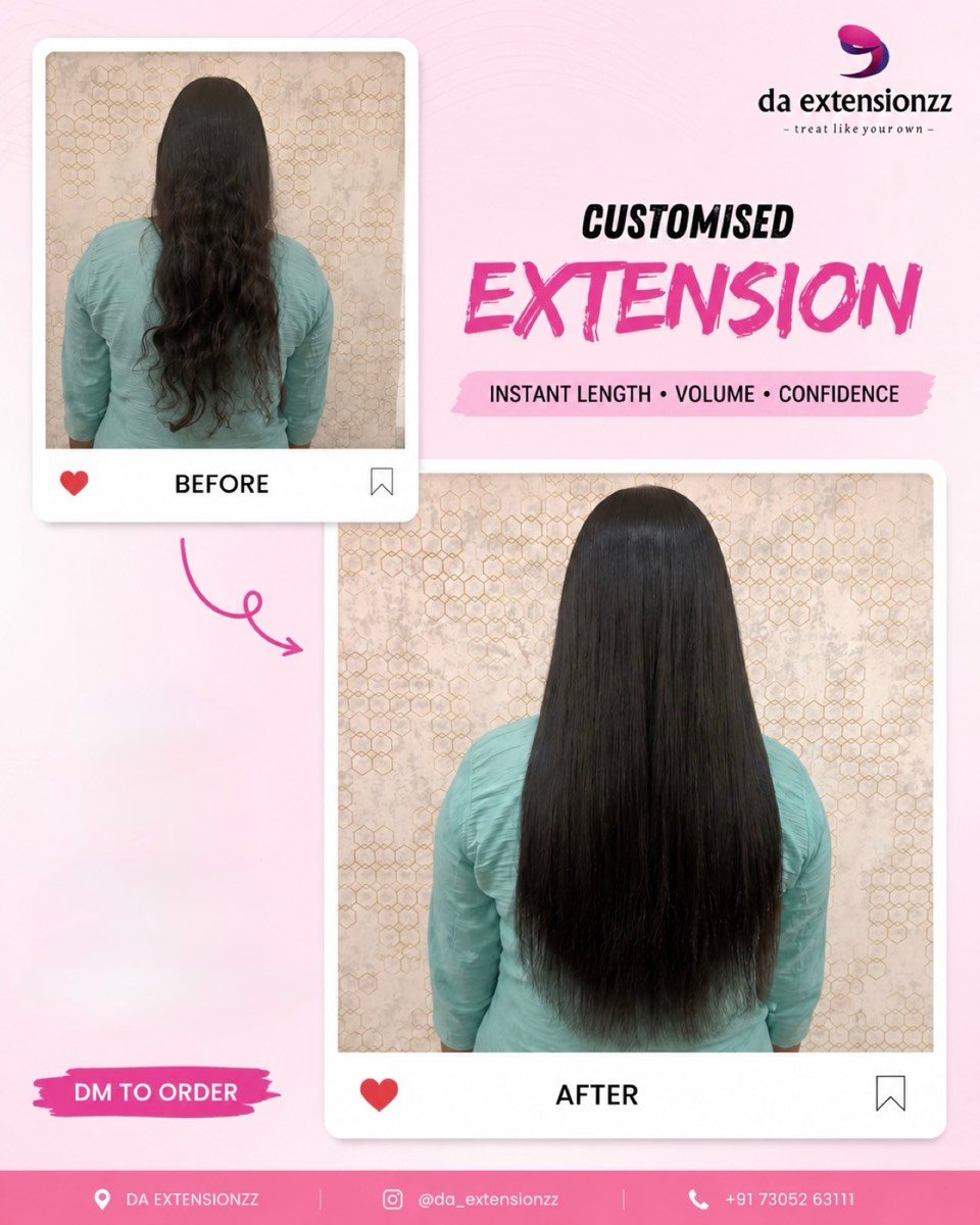Before and after ring hair extensions at DA Extensionzz, Chennai