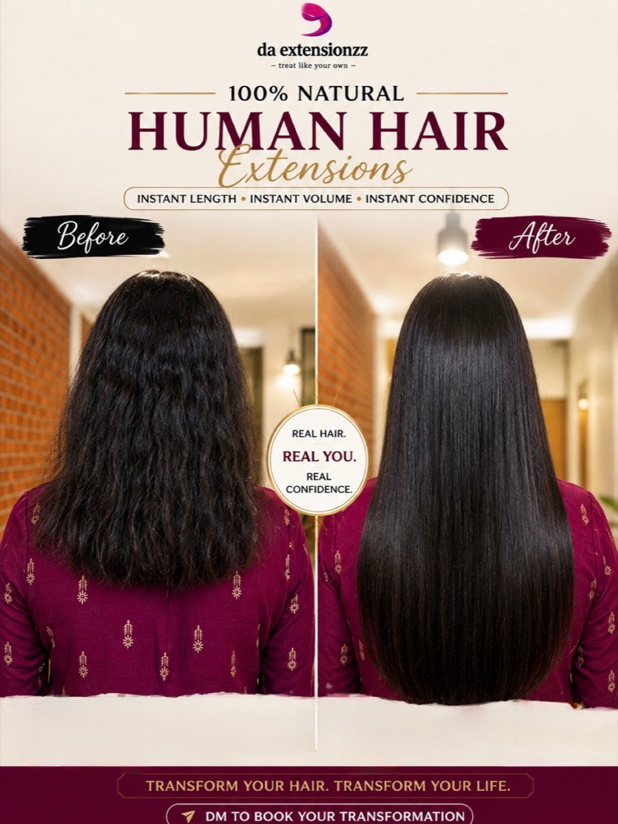 Before and after hair extensions on shorter hair at DA Extensionzz, Chennai