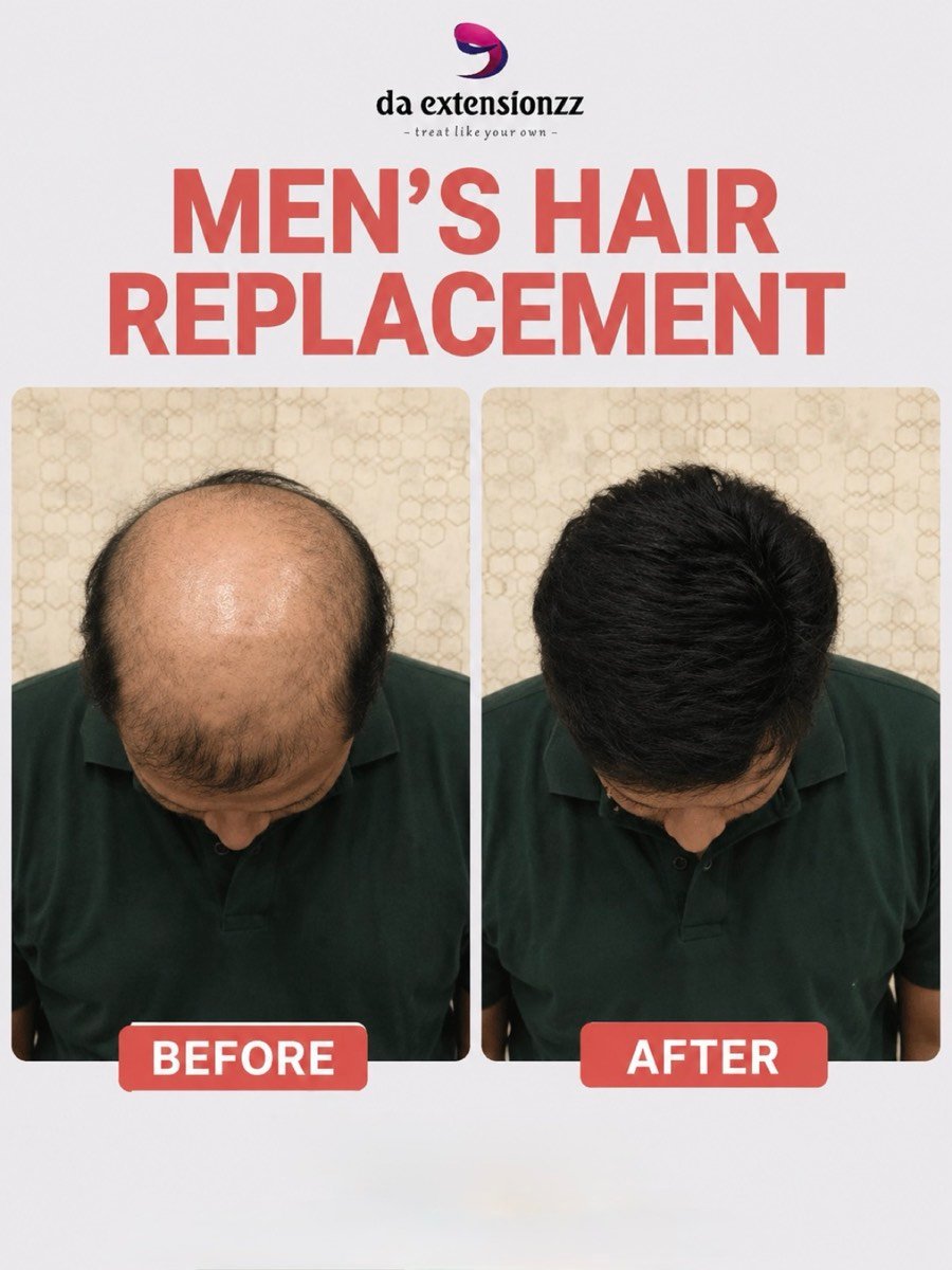 Before and after of a men’s hair system at DA Extensionzz, Chennai — thinning crown restored to full coverage