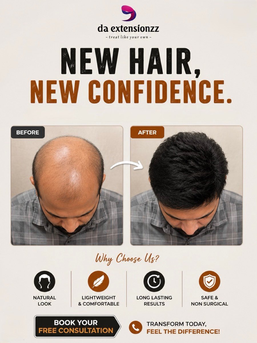 Before and after of a men’s hair system at DA Extensionzz Chennai — thinning crown restored to full coverage