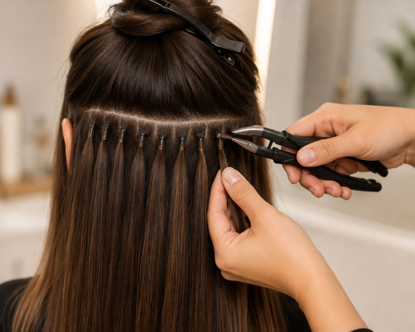 Keratin fusion extension strands close-up