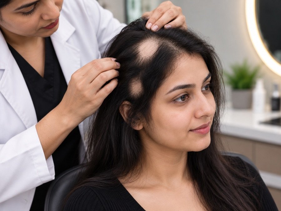 Stylist examining patchy hair loss on a client’s scalp during an alopecia consultation