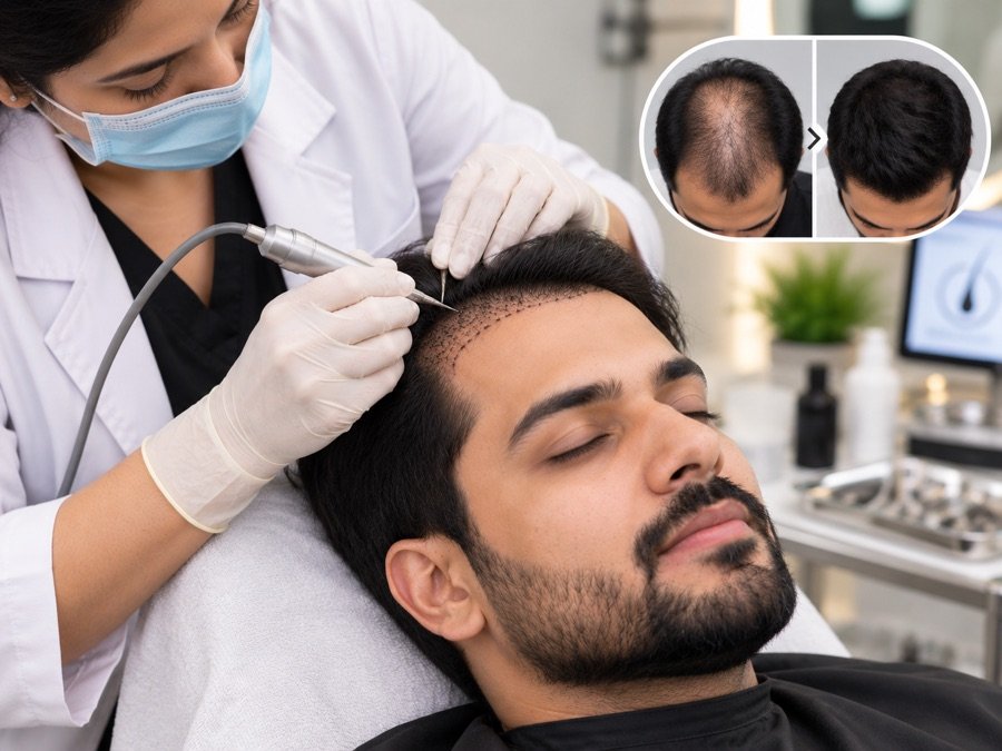 Hairline being mapped out on a male client before hair reconstruction work