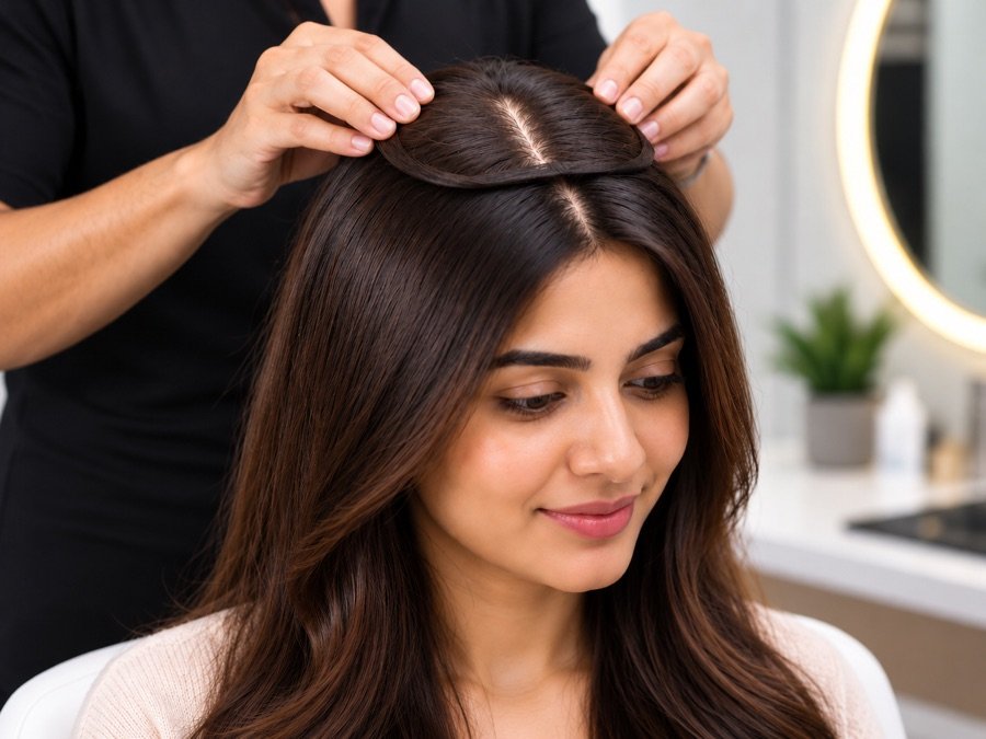 Hair topper being positioned over a thinning crown