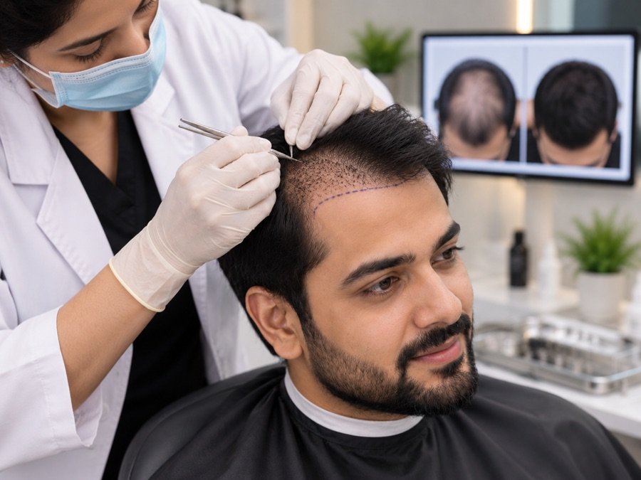 Careful hairline work on a client whose hair loss followed medical treatment