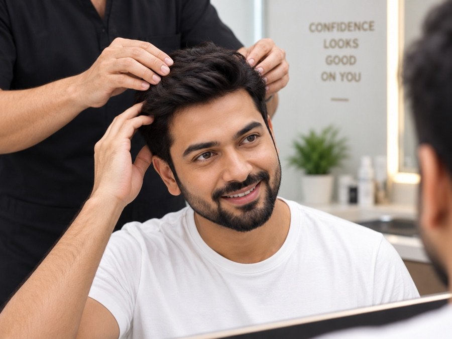 Man checking his new hair system in the mirror after fitting