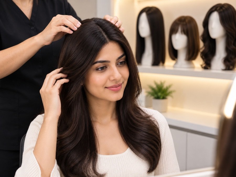 Client wearing a fitted human hair wig, with wig stands on display behind
