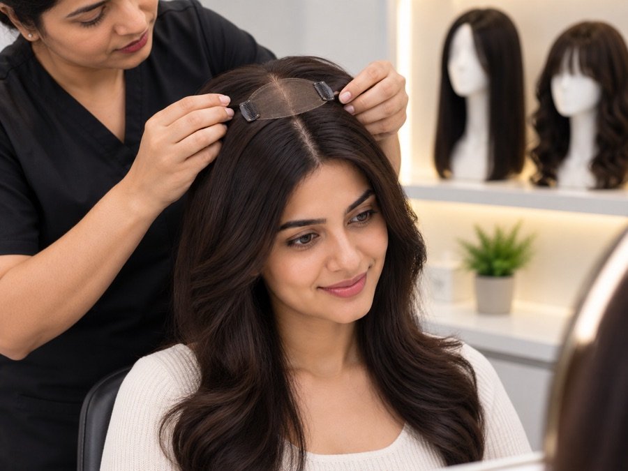 Woman having a custom hair system fitted and blended at the studio